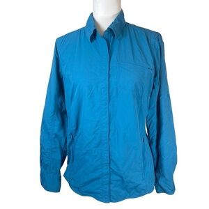 L.L. Bean Women’s Teal Turquoise Mesh Roll Up Sleeves Snap Button Shirt Medium